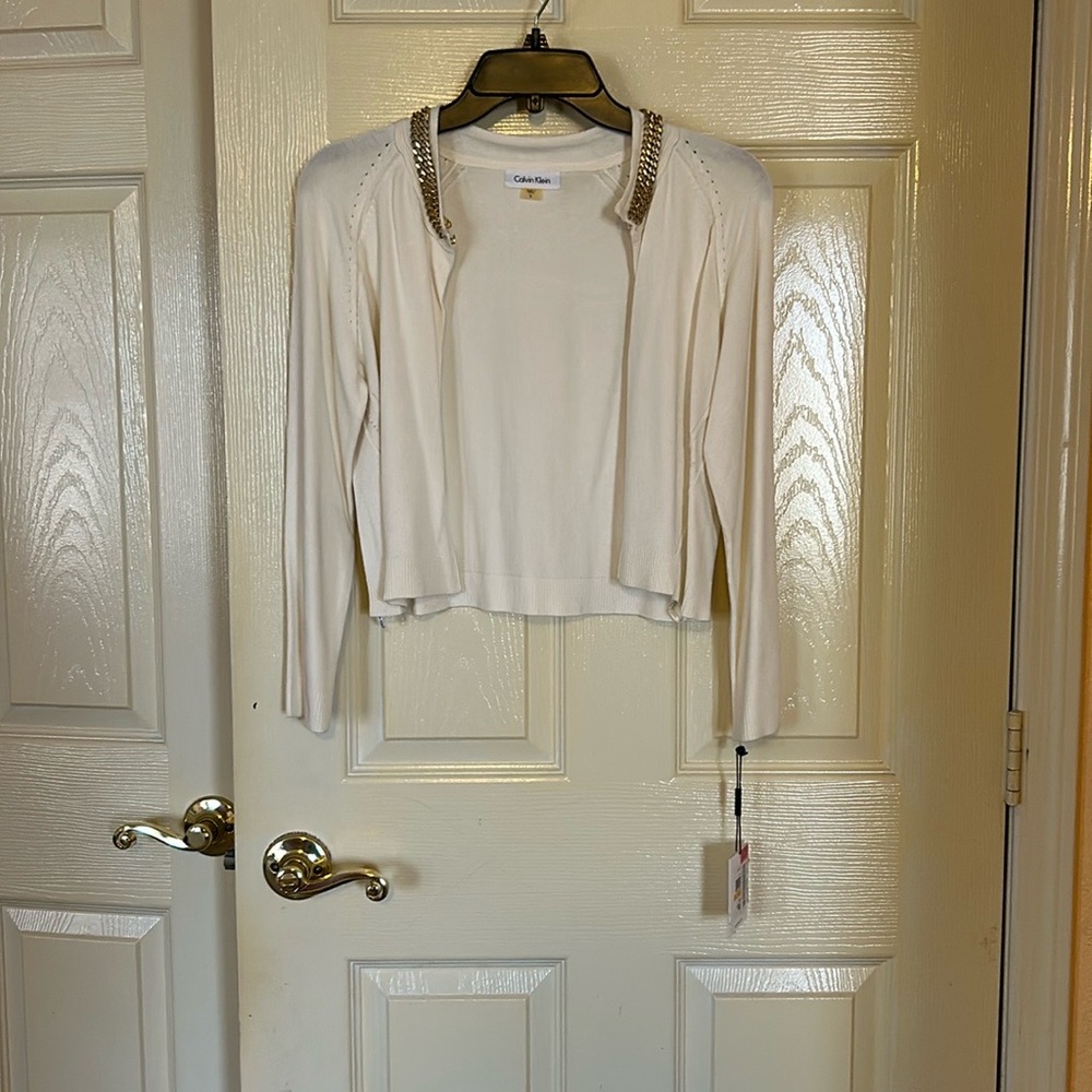 Calvin Klein Cream Cardigan with Embellished Collar